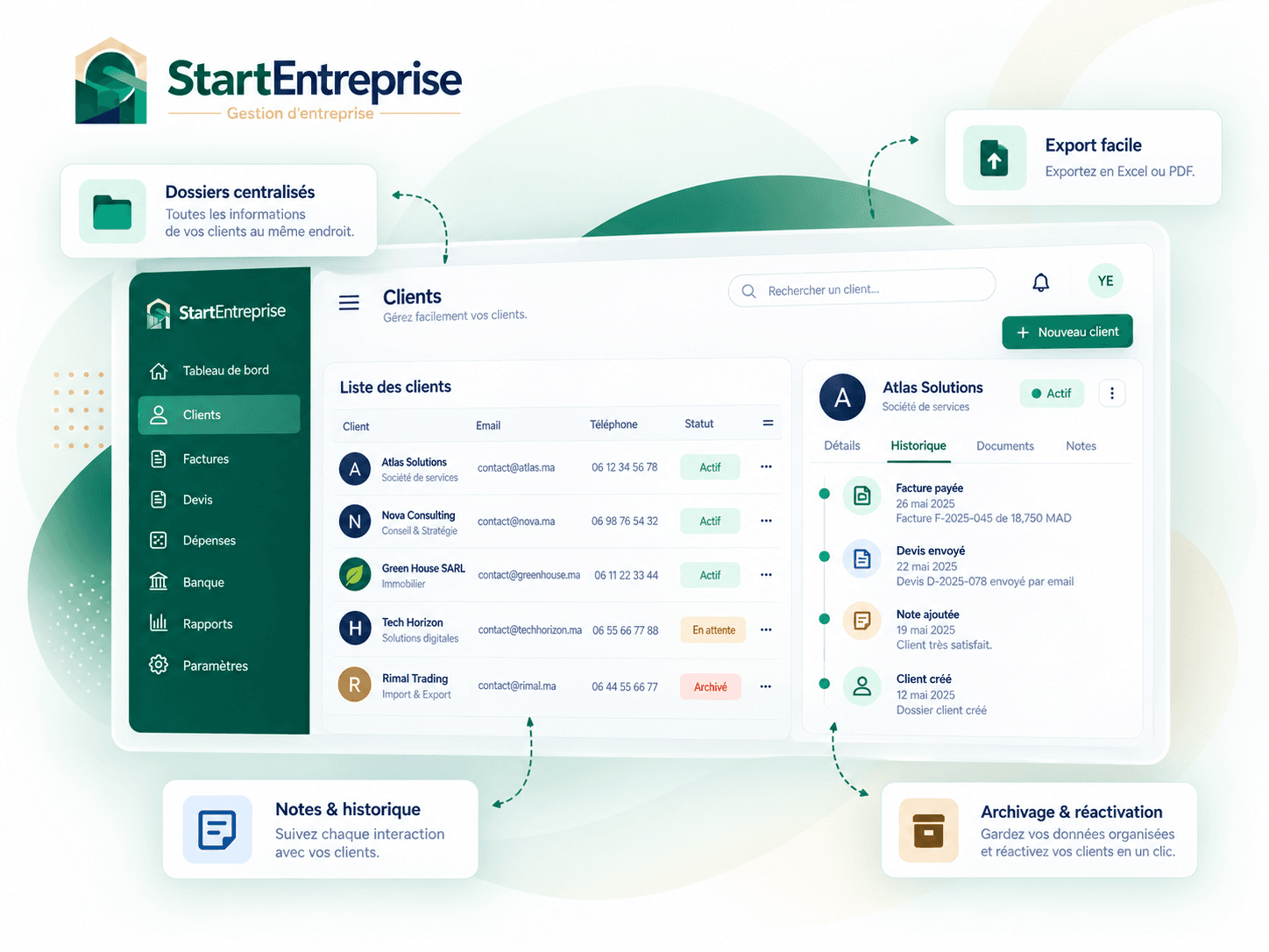 Aperçu de l’interface Gestion des clients de StartEntreprise
